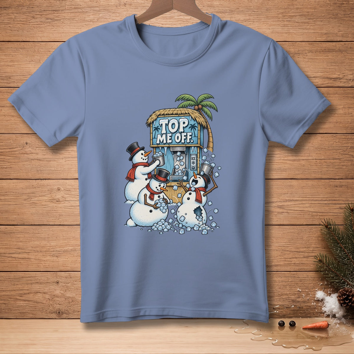 Snowmen at an ice dispenser with text "TOP ME OFF" on a blue t-shirt.