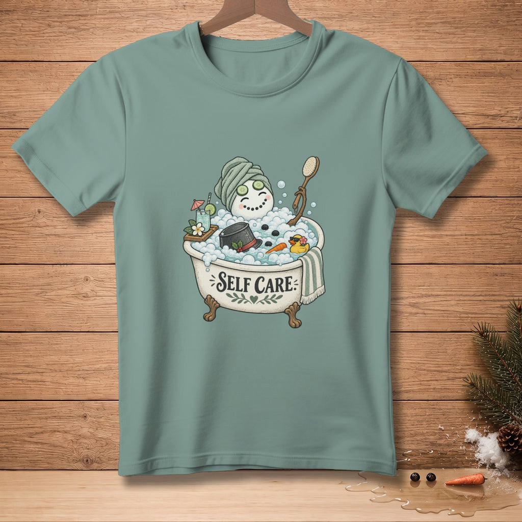 Snowman in bathtub with cucumbers on eyes and text "Self Care".