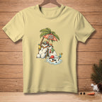 Light yellow t-shirt with graphic of melting snowmen on beach chairs under an umbrella.