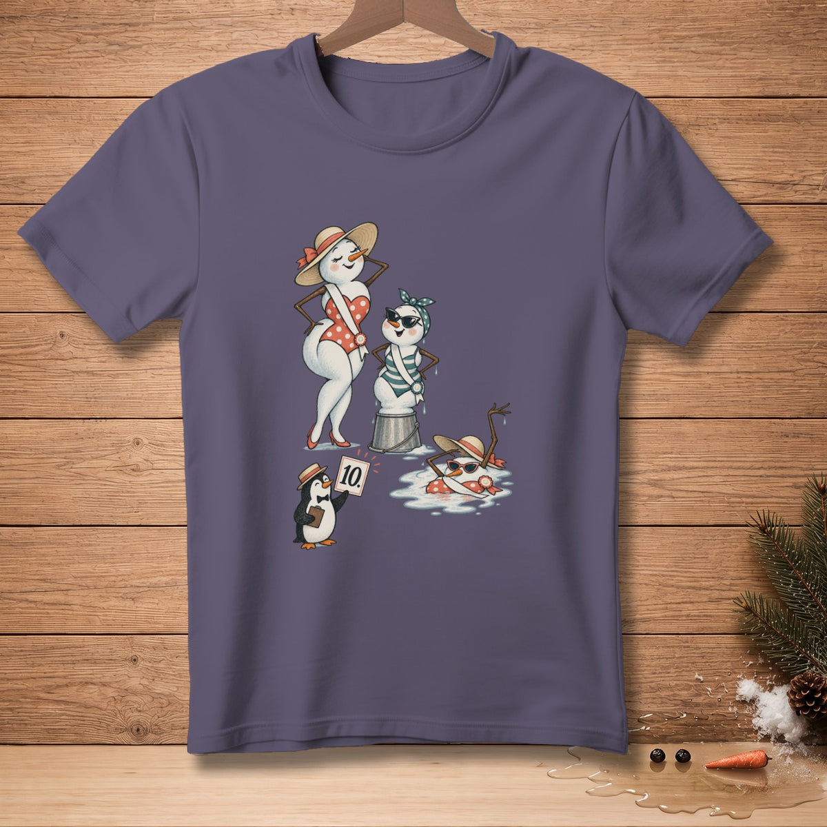 Illustration of snowmen in swimsuits with a penguin holding a "10" sign.