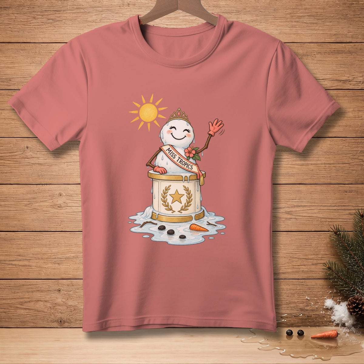 Snowman wearing "Miss Tropics" sash and crown with sun and melting puddle.