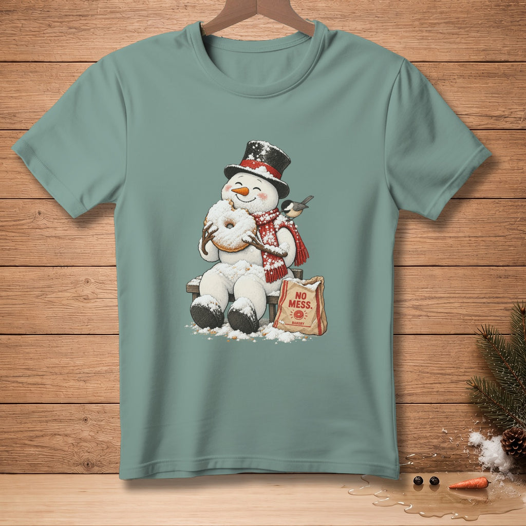 Snowman in a top hat eating a donut, with a "No Mess. Bakery" bag.