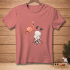 Pink t-shirt with a flamingo standing next to a melting snowman doing a handstand.