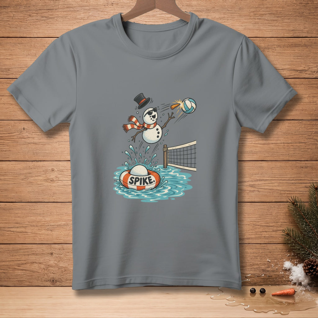 Snowman playing volleyball in water with a life preserver that says SPIKE.