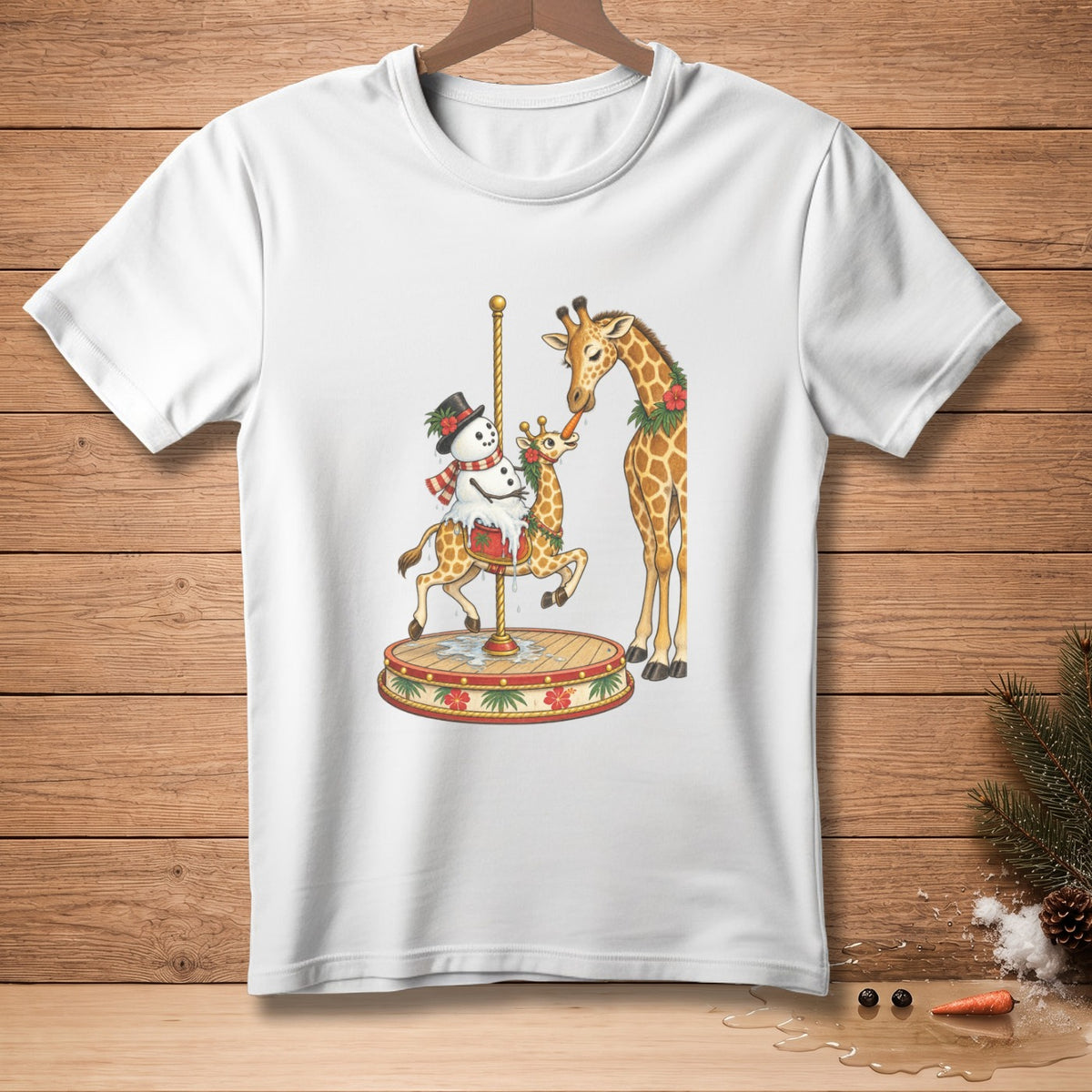 Giraffes on a carousel with a snowman, with one giraffe feeding the other a carrot.