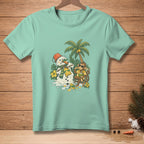 Mint t-shirt with cartoon of melting snowman and monkey on tropical beach.