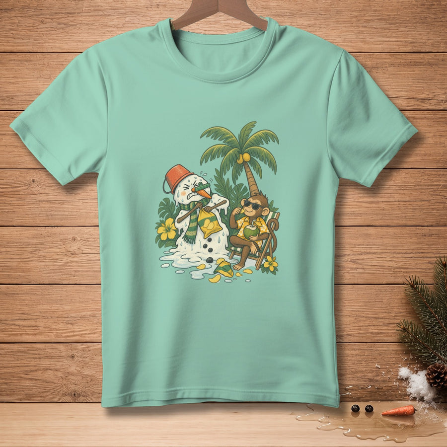 Mint t-shirt with cartoon of melting snowman and monkey on tropical beach.