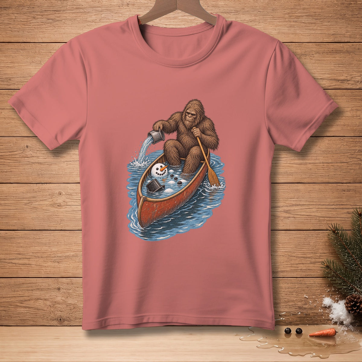 Bigfoot in a canoe pours water onto a melting snowman.
