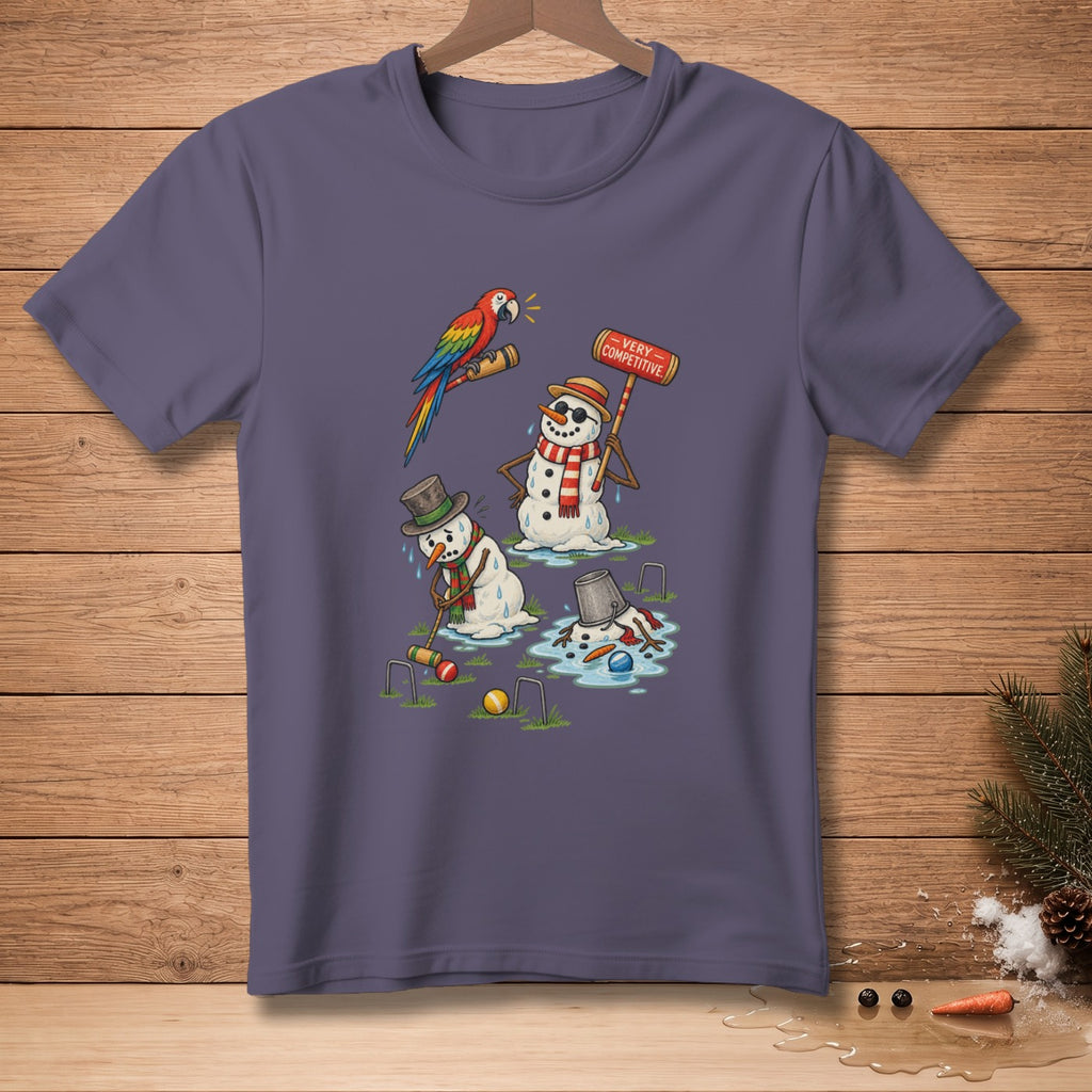 Illustration of melting snowmen playing croquet, with a parrot watching.