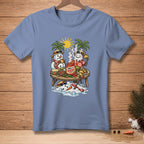 Snowmen in Hawaiian shirts eat tacos at a table under palm trees.