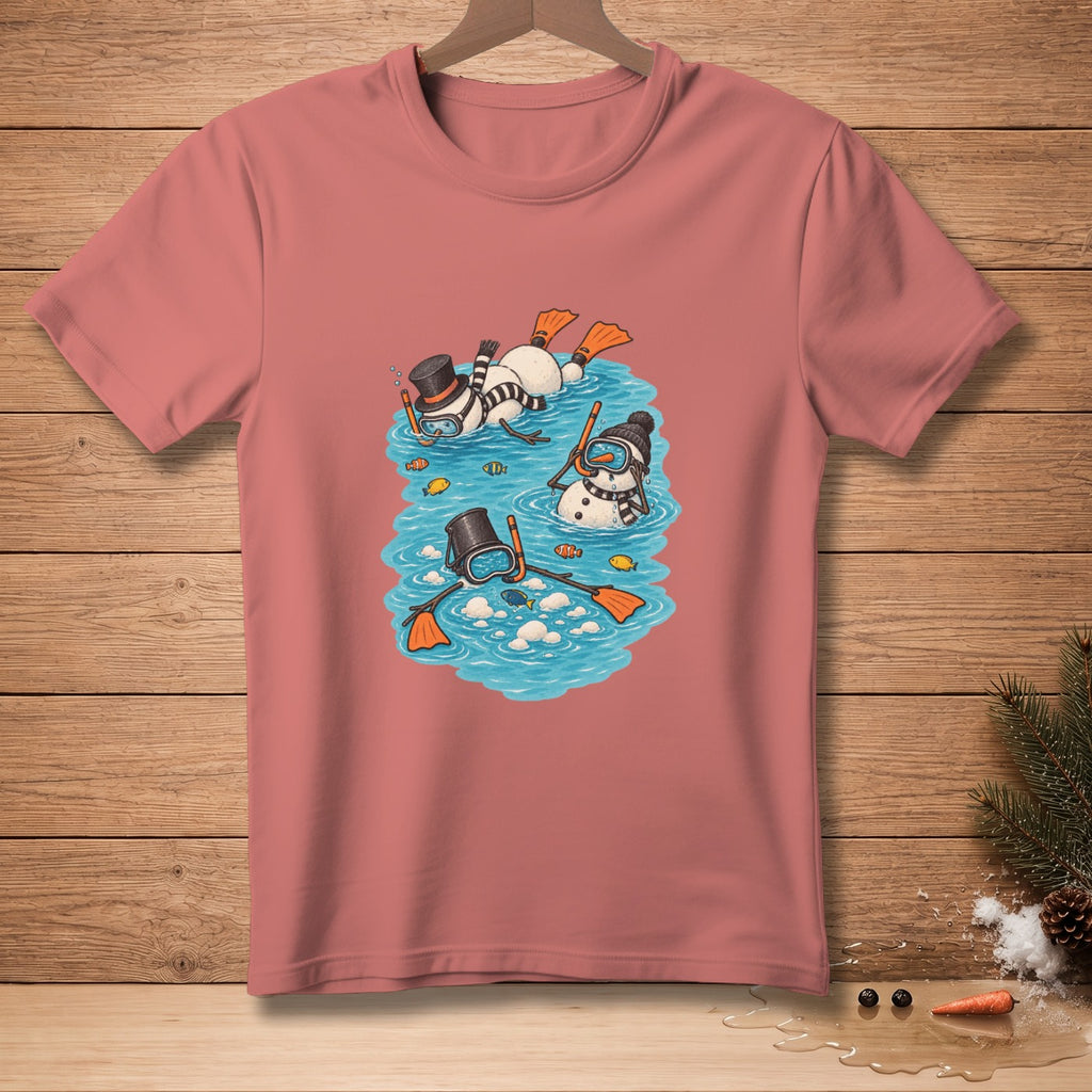 Pink t-shirt with illustration of snowmen snorkeling and wearing flippers.