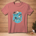 Pink t-shirt with illustration of snowmen snorkeling and wearing flippers.