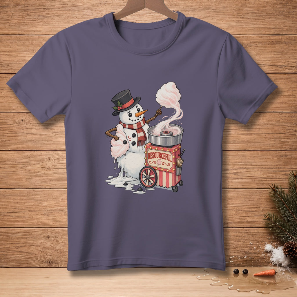 Snowman wearing a hat and scarf making pink cotton candy from a cart labeled "RESOURCEFUL".