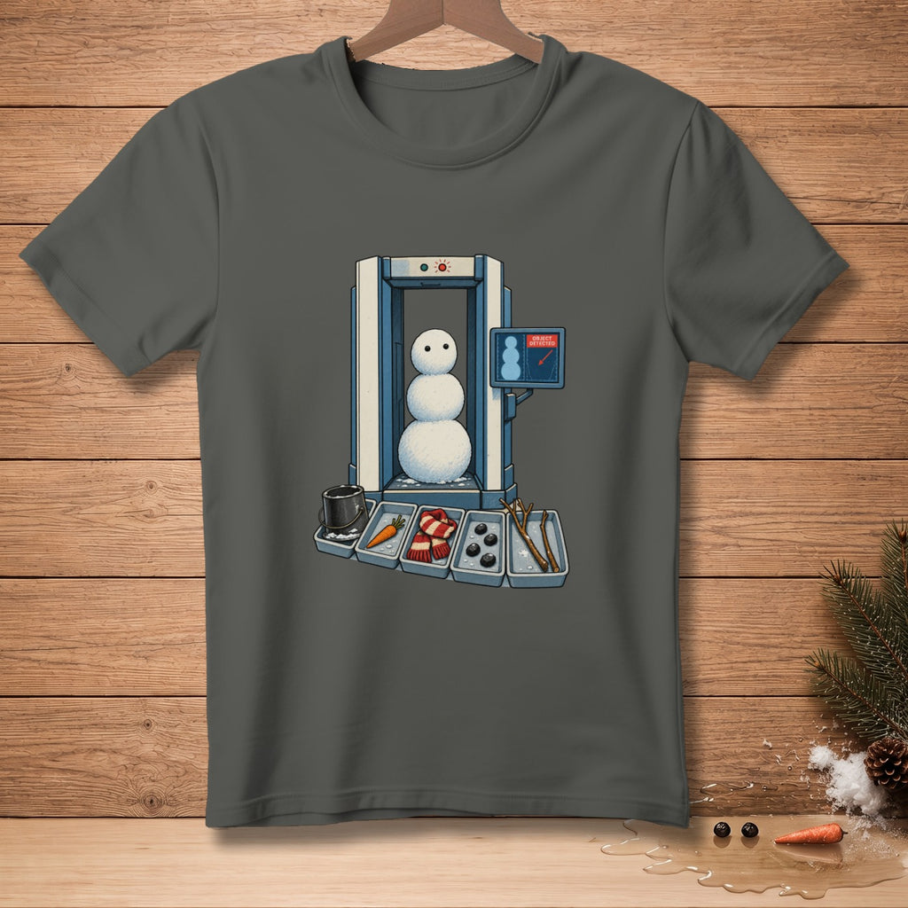 Snowman in security scanner with detected object screen, carrot, scarf, coal, and sticks.