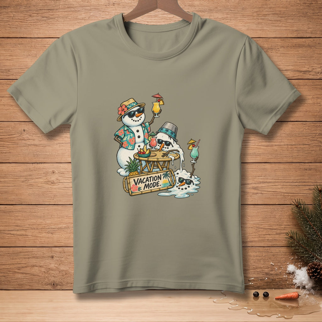 Melting snowmen with cocktails and "Vacation Mode" sign on t-shirt.