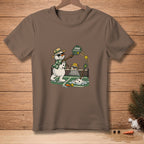 Two snowmen playing pickleball on a court with a net, one holding a paddle that says "DINK RESPONSIBLY".