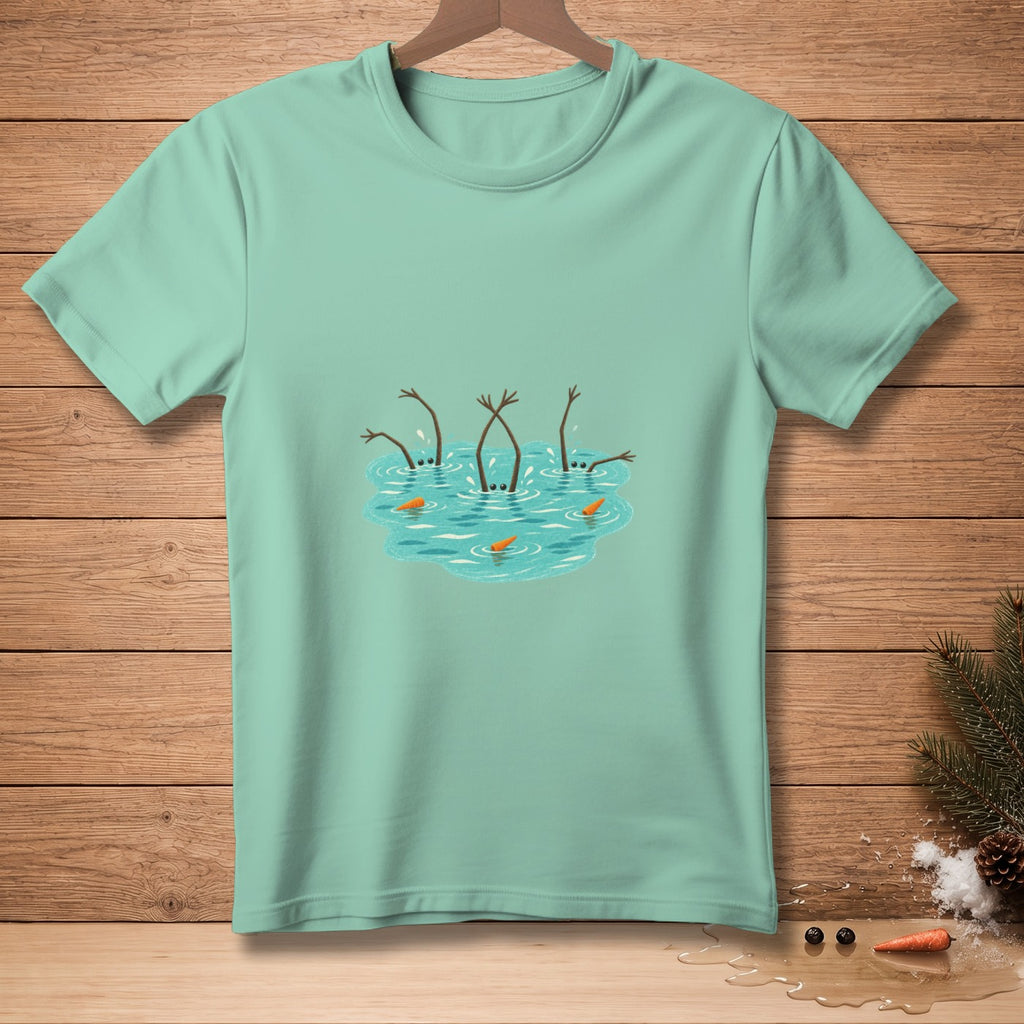 Teal t-shirt with a graphic of snowmen's arms and carrots in water.