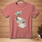 T-shirt with melting snowmen lounging under a beach umbrella.