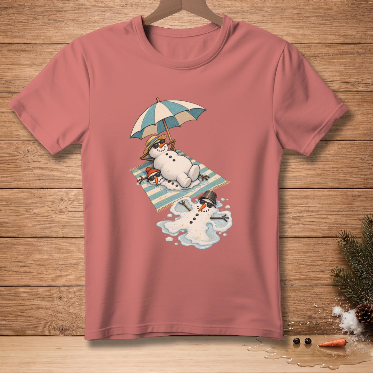 T-shirt with melting snowmen lounging under a beach umbrella.