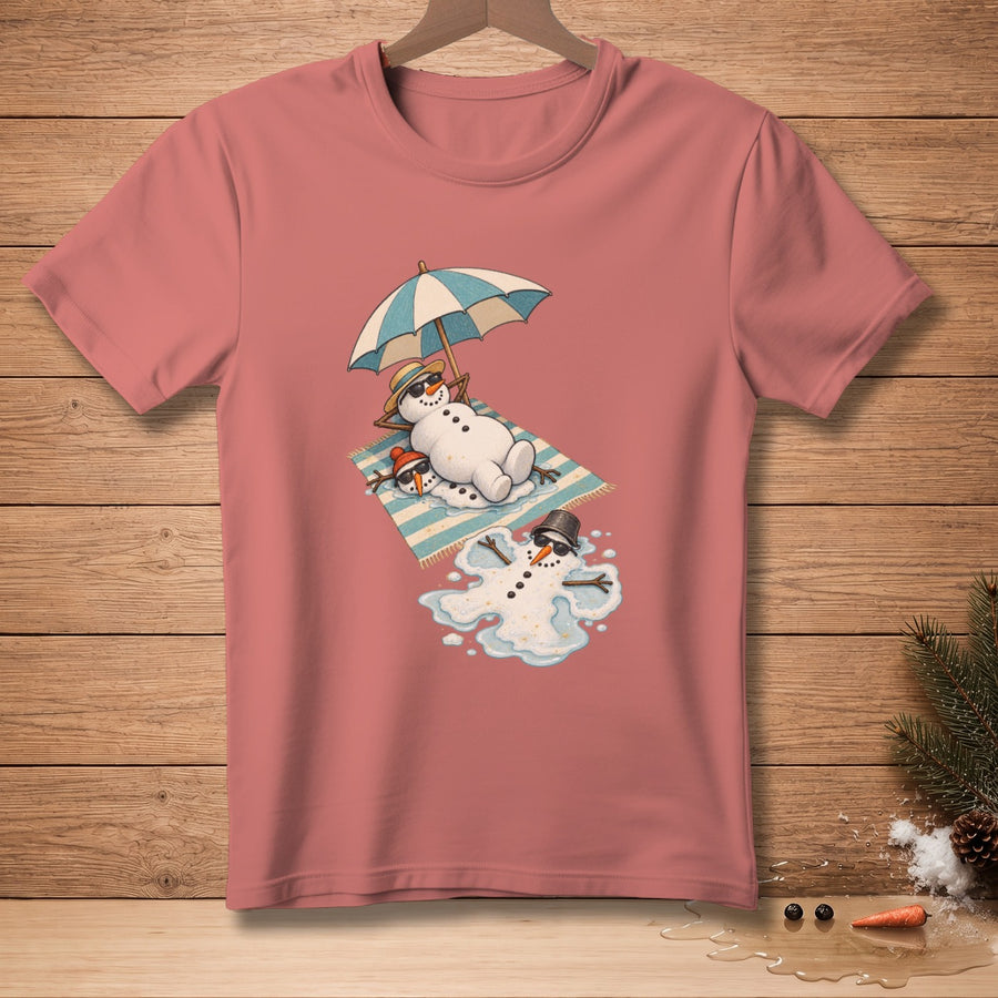 T-shirt with melting snowmen lounging under a beach umbrella.