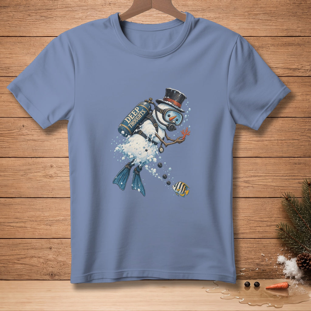 Snowman with diving gear and "Deep Thoughts" tank swims with fish and coral.