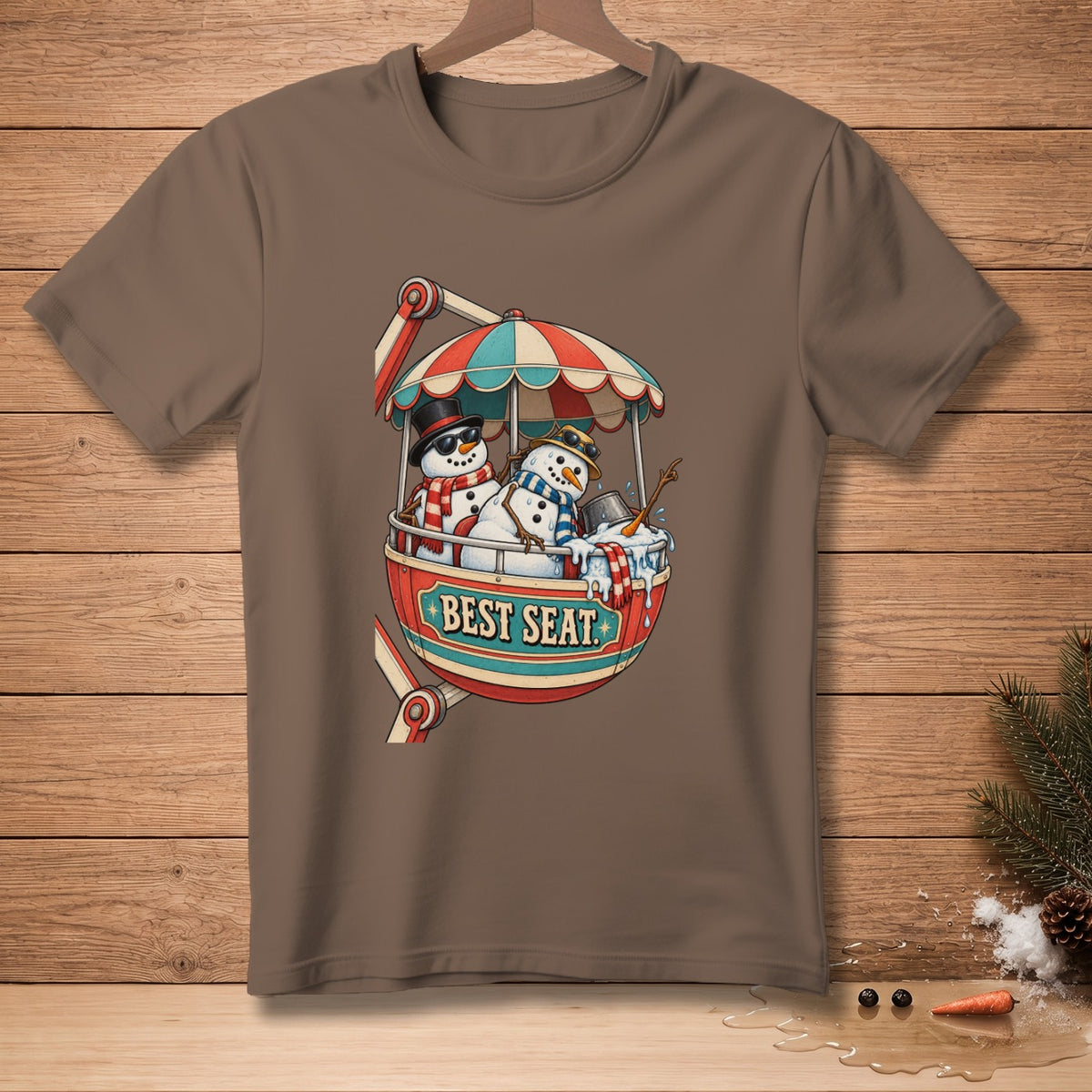 Snowmen in a Ferris wheel gondola with "BEST SEAT" text, wearing scarves and hats.