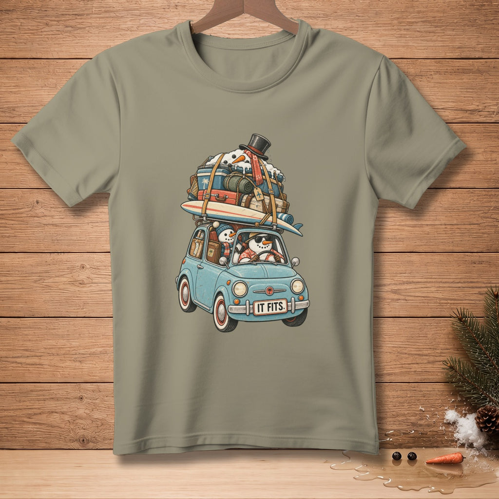 Snowmen in a blue car overloaded with luggage and a surfboard, text reads "IT FITS."