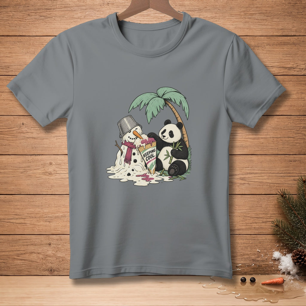 Panda and melting snowman with ice cream cone that says "Keeping Cool."