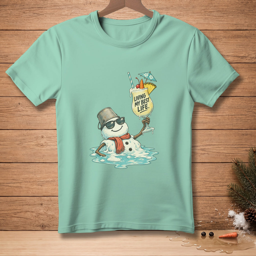 Melting snowman in sunglasses holding a tropical drink, text "Living My Best Life".