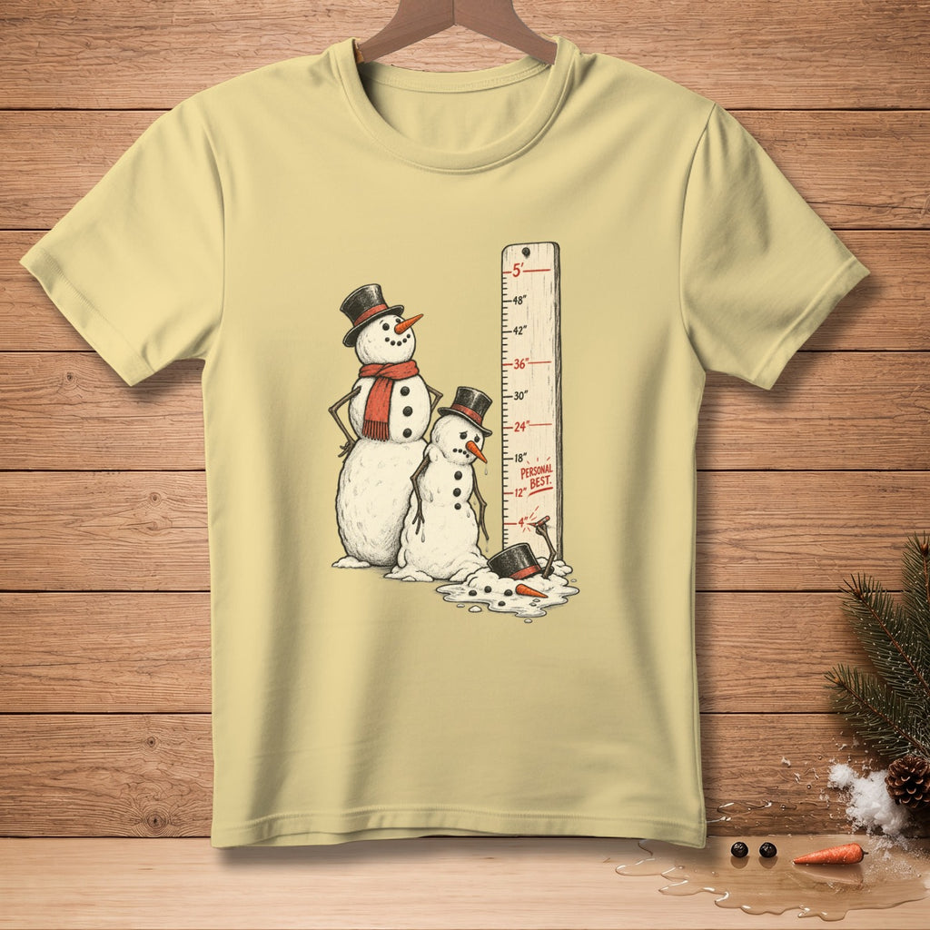 Snowmen with hats and scarf beside a ruler showing 12" Personal Best.