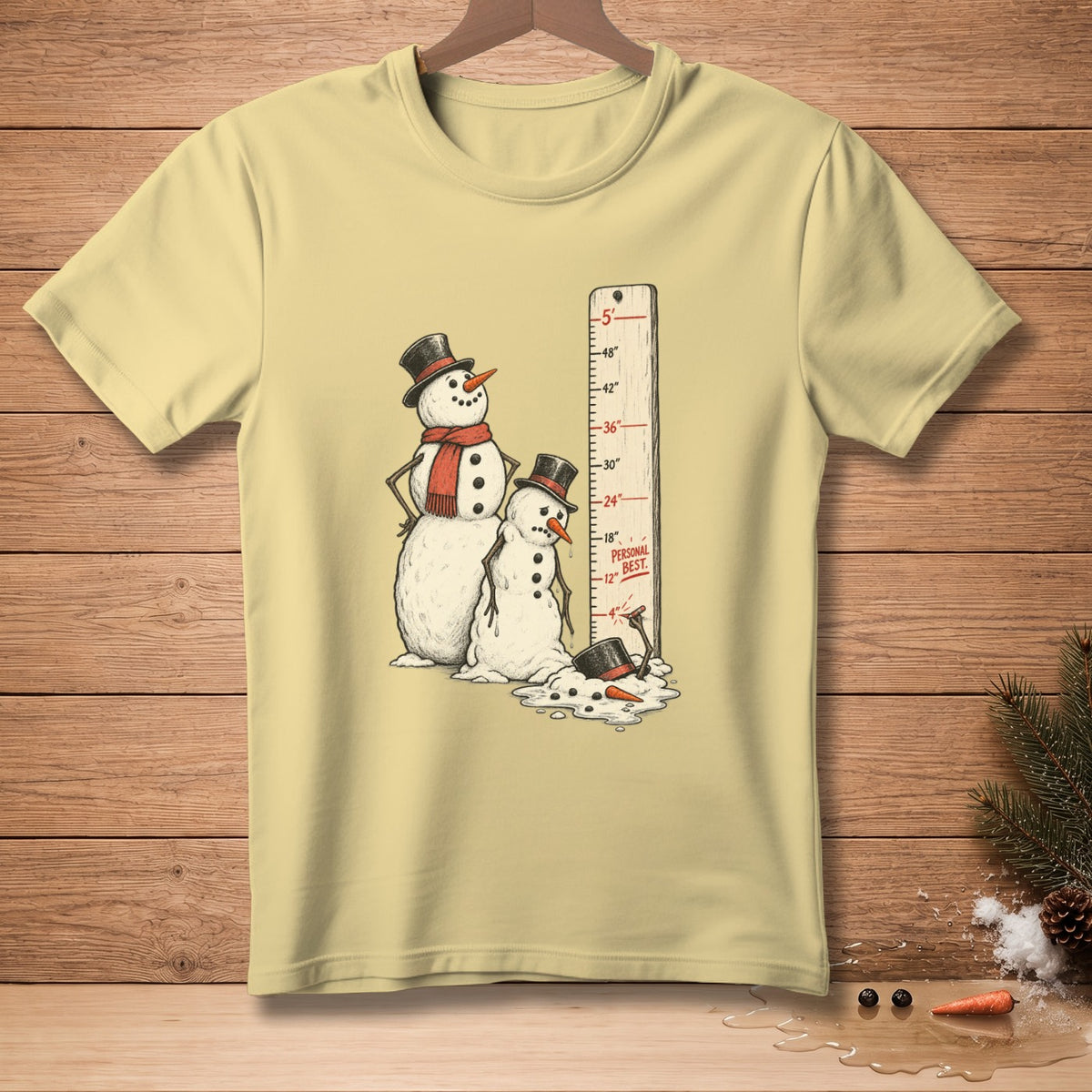 Snowmen with hats and scarf beside a ruler showing 12" Personal Best.