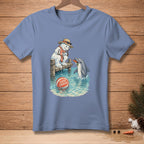 Dolphin feeding carrot to melting snowman on pier, with beach ball.