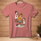 Snowmen sharing a tropical drink with "Sharing" text on a pink t-shirt.