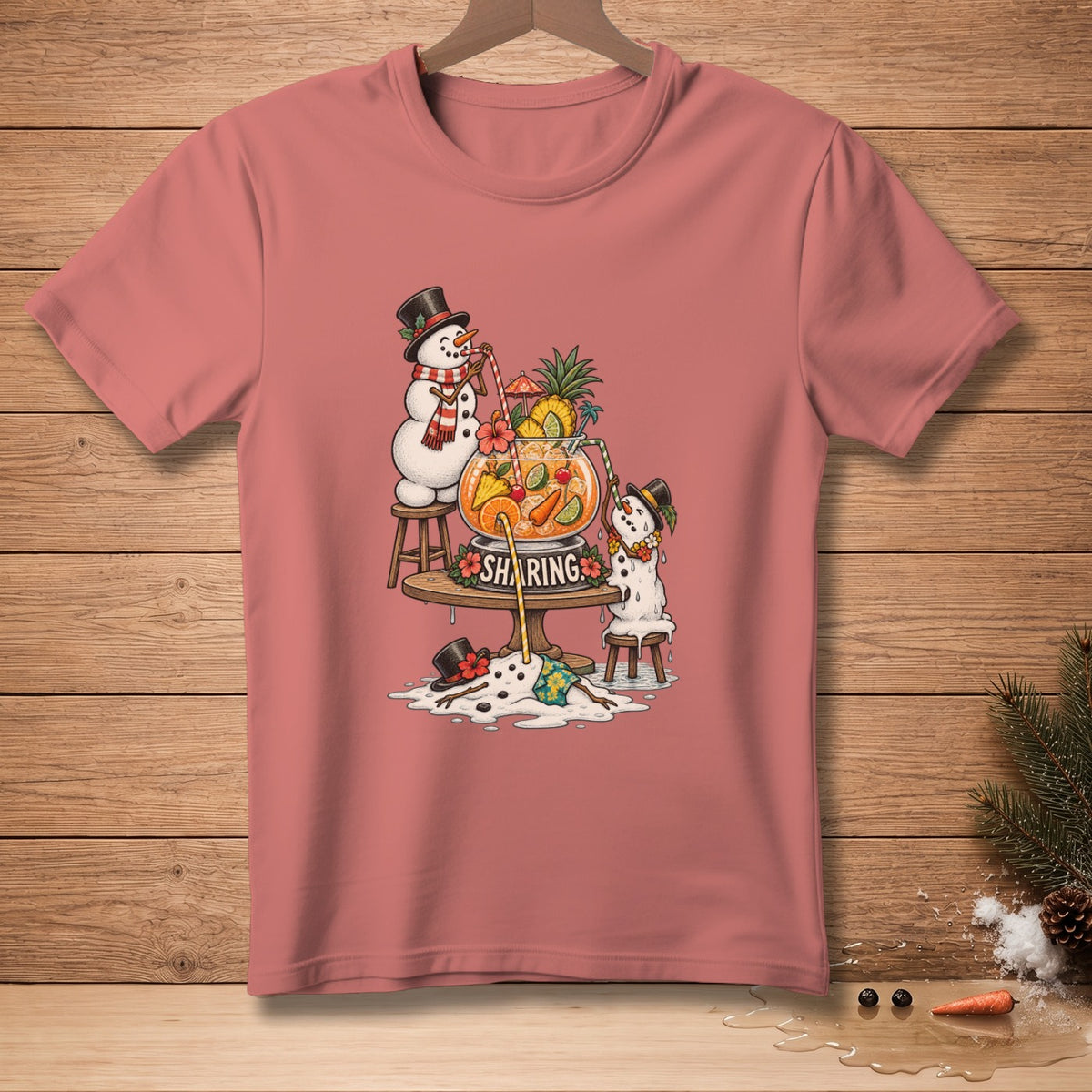 Snowmen sharing a tropical drink with "Sharing" text on a pink t-shirt.