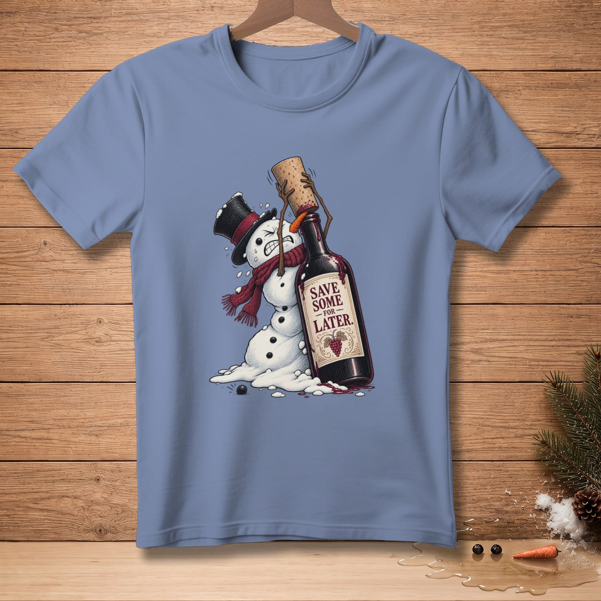 Snowman struggling with wine bottle labeled "Save Some For Later."