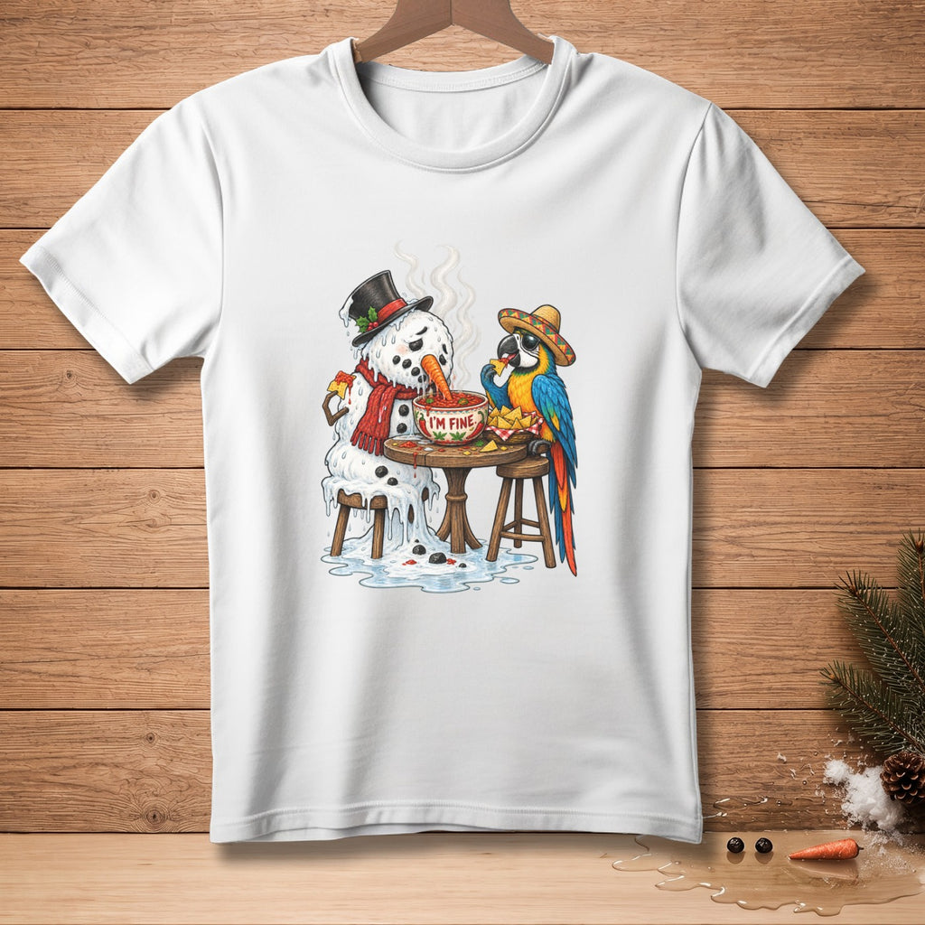 Melting snowman with carrot nose eats soup while parrot in sombrero eats nachos.