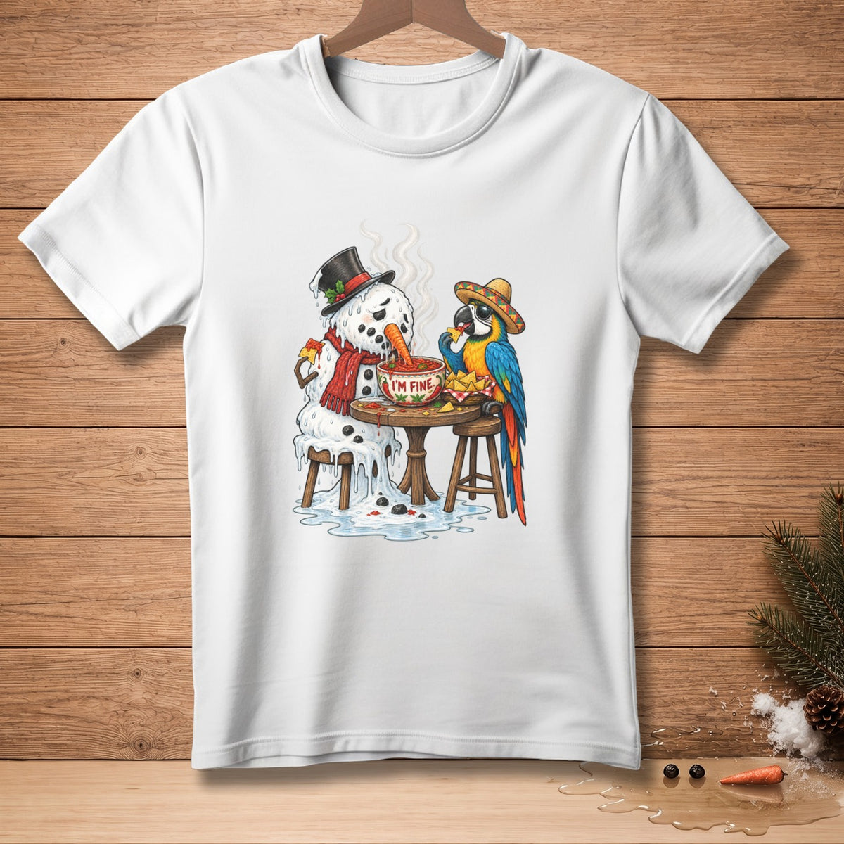Melting snowman with carrot nose eats soup while parrot in sombrero eats nachos.