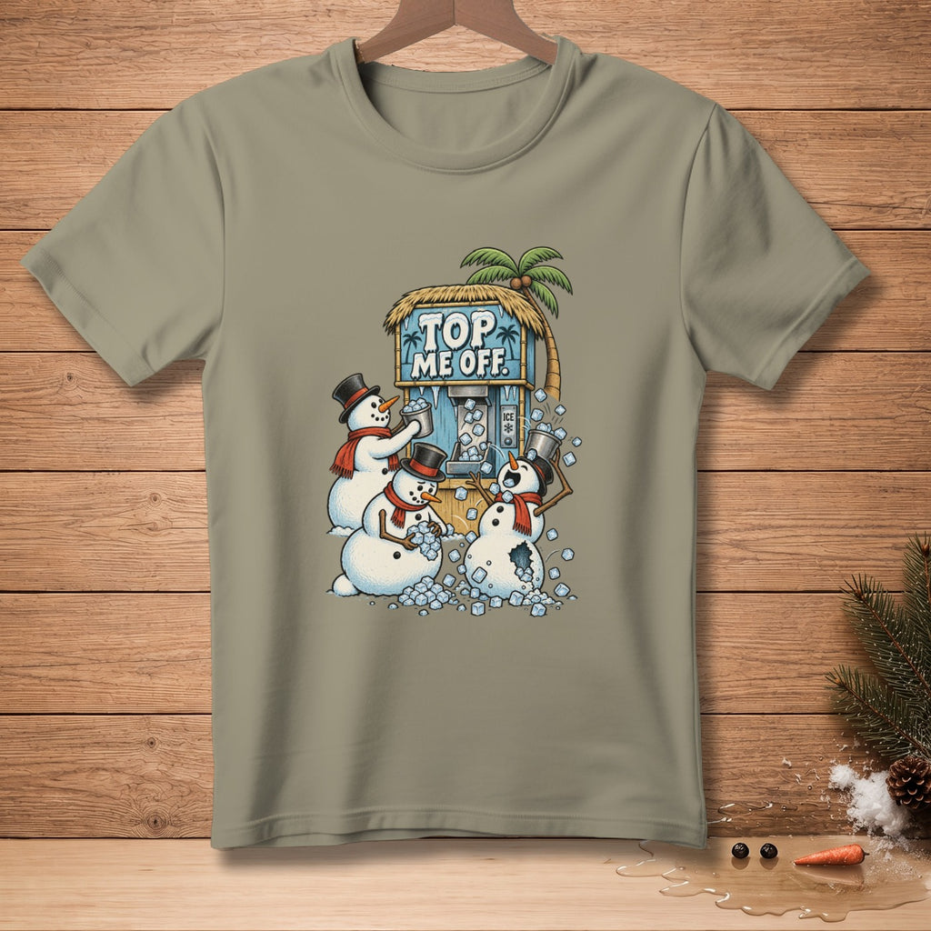 Snowmen at an ice dispenser with text "TOP ME OFF" on a t-shirt.