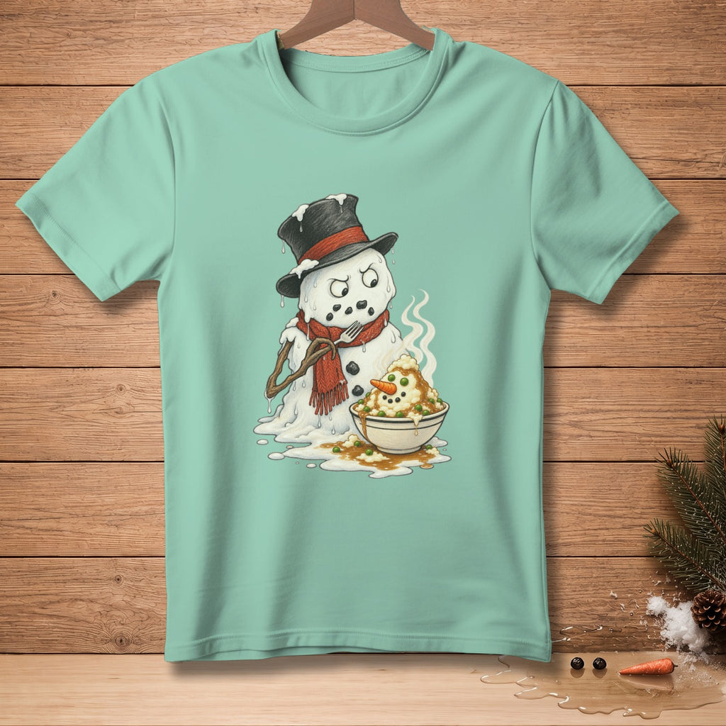 Melting snowman in a hat and scarf eating mashed potatoes from a bowl.