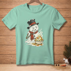 Melting snowman in a hat and scarf eating mashed potatoes from a bowl.