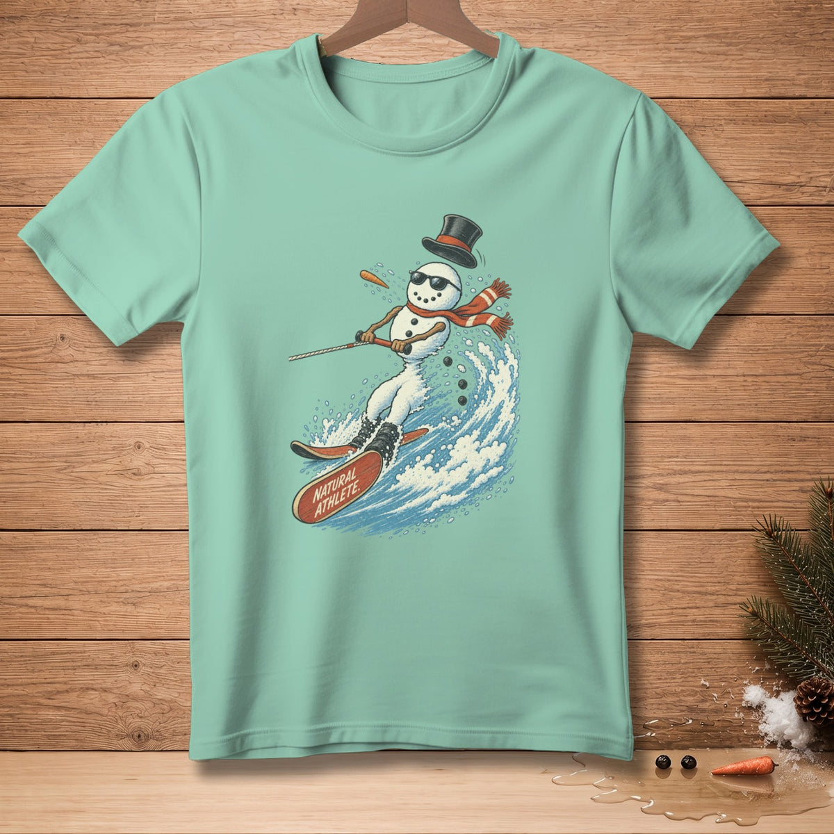 Snowman waterskiing with "NATURAL ATHLETE" on ski.
