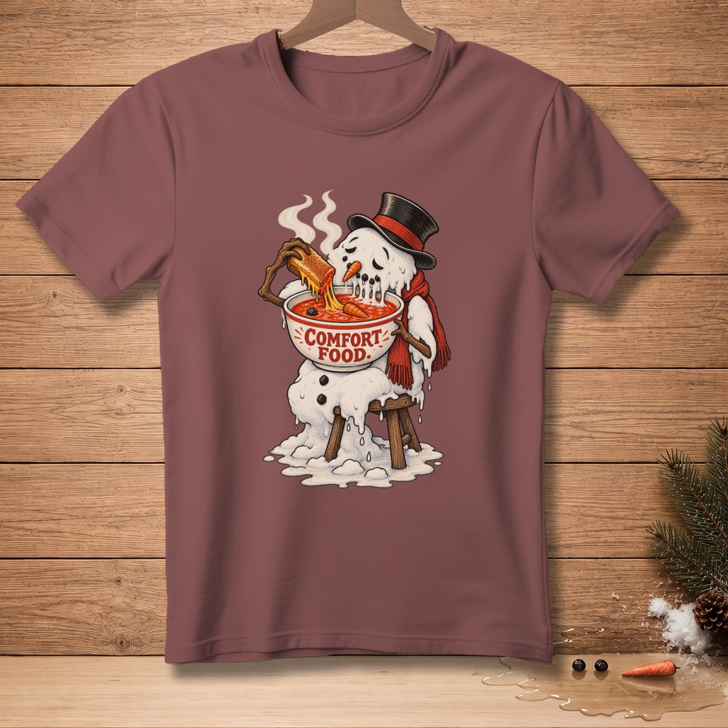 Melting snowman in hat and scarf eating soup with toast, text reads "COMFORT FOOD".