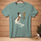 Melting snowman with a drink labeled "Bad Idea" on a teal shirt.