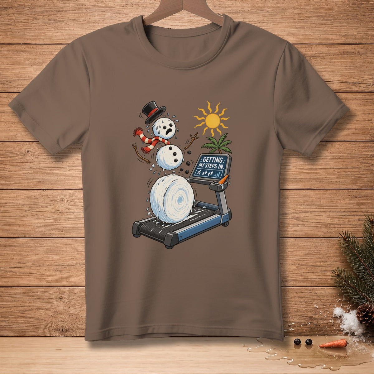 Snowman melting on treadmill with text "Getting My Steps In."