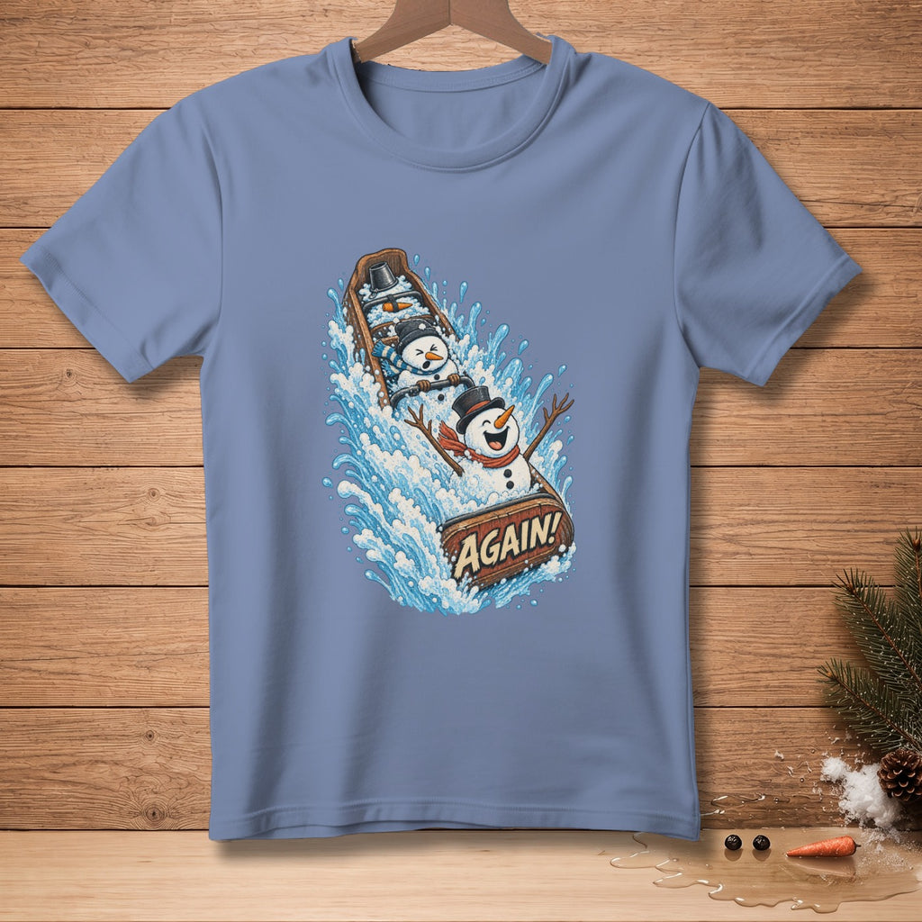 Snowmen in a boat going down a water slide with the word "AGAIN!"