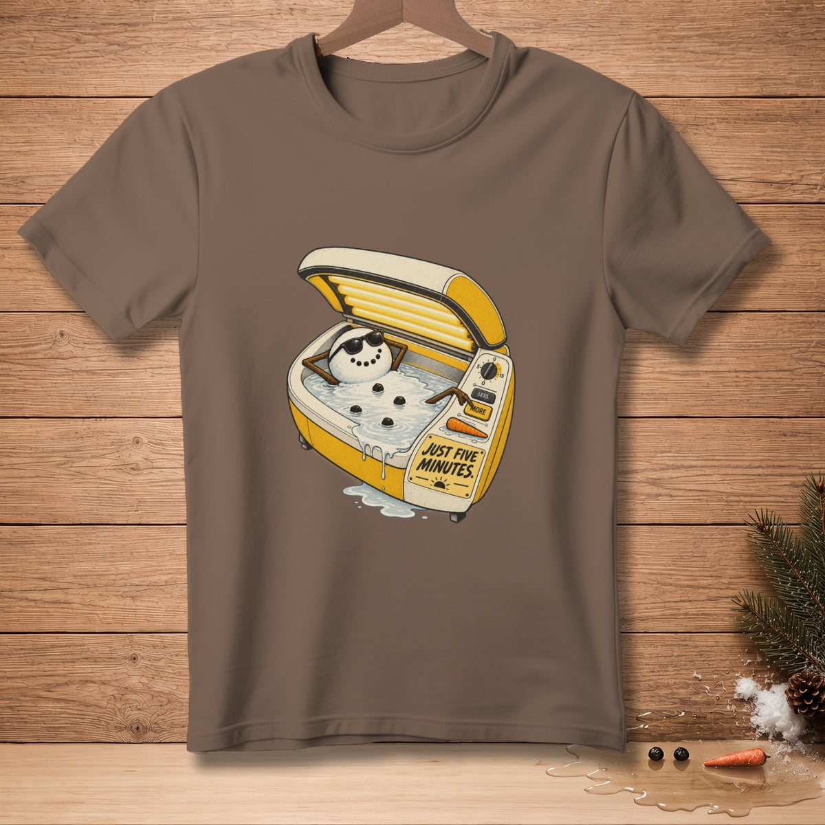 Snowman in tanning bed with text "JUST FIVE MINUTES".