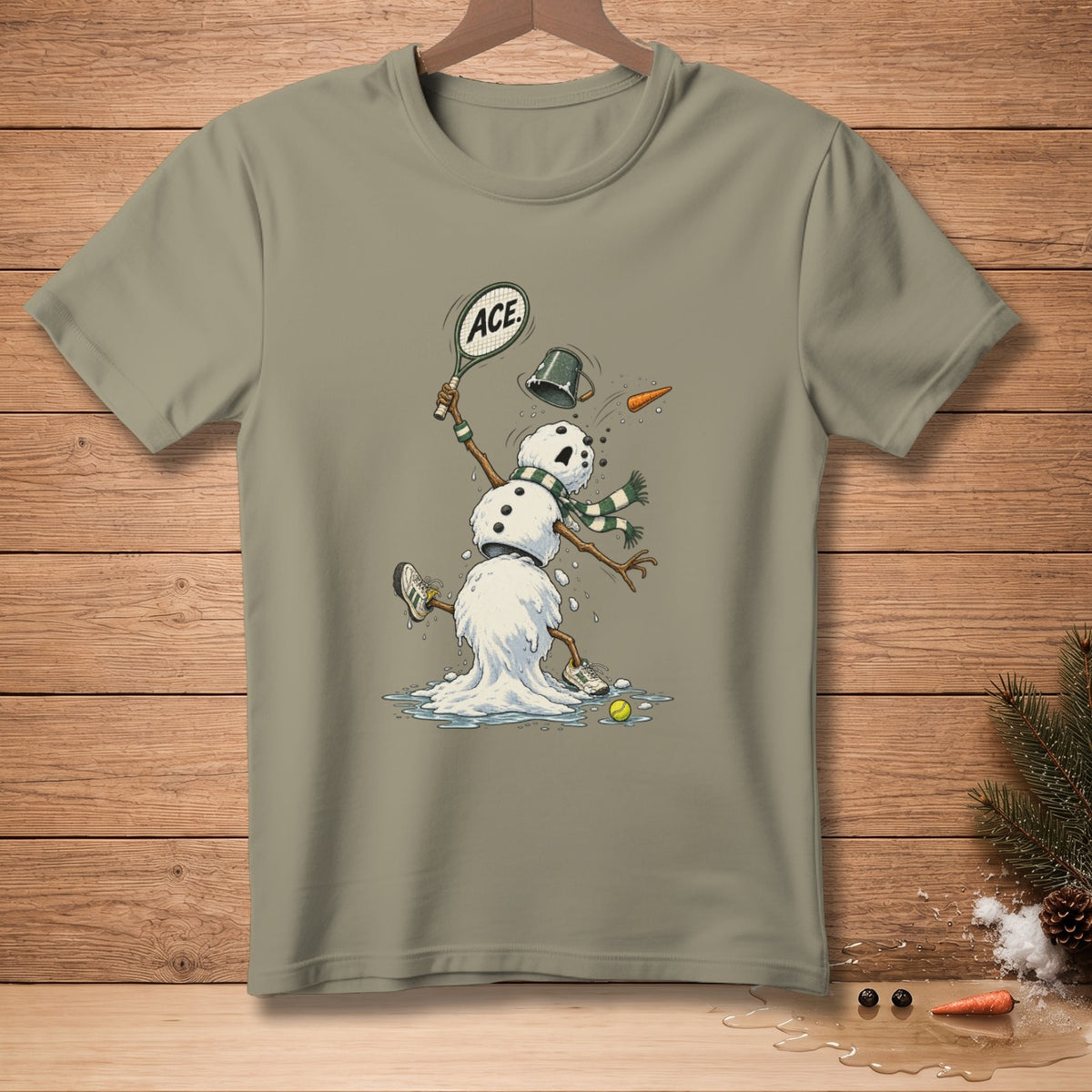 T-shirt with a melting snowman playing tennis and a racket labeled "ACE".