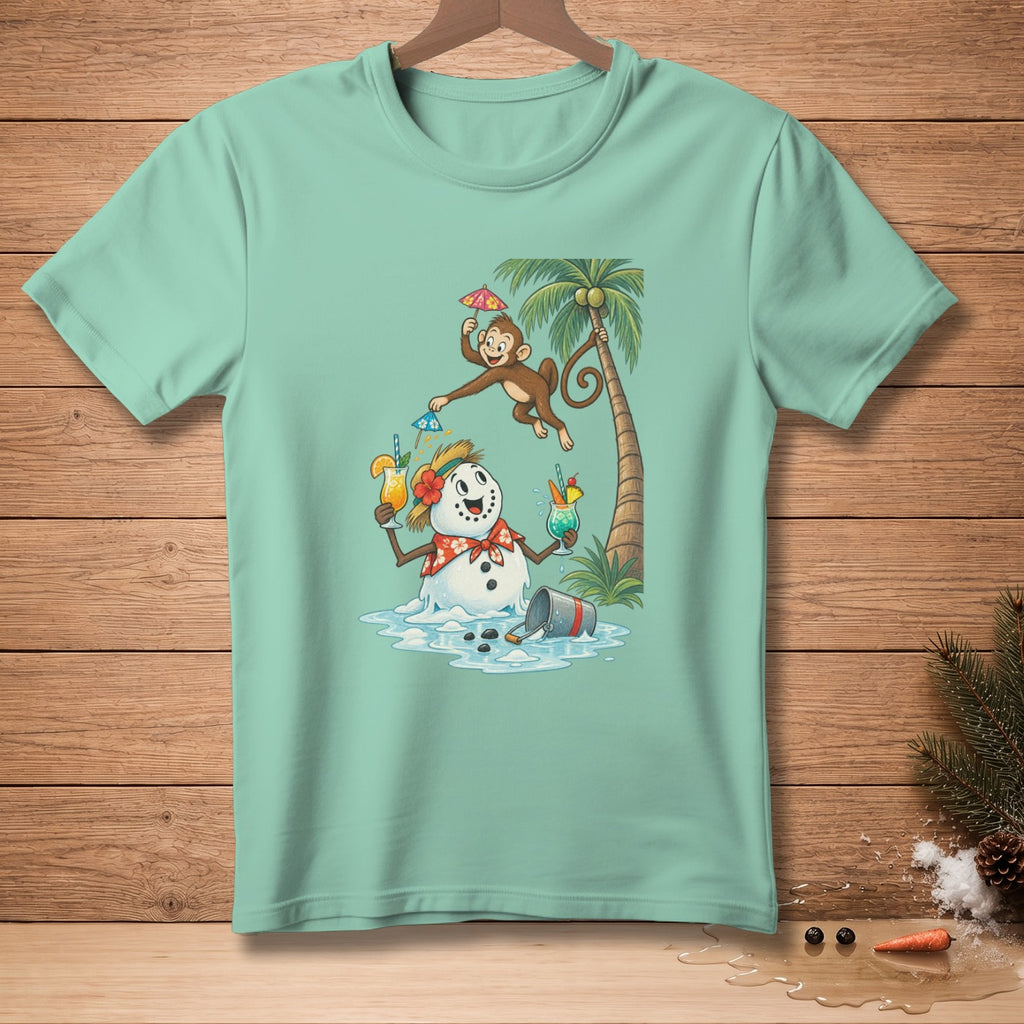 Cartoon snowman with cocktails and a monkey by a palm tree on a teal t-shirt.