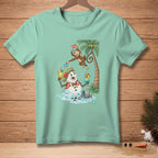 Cartoon snowman with cocktails and a monkey by a palm tree on a teal t-shirt.