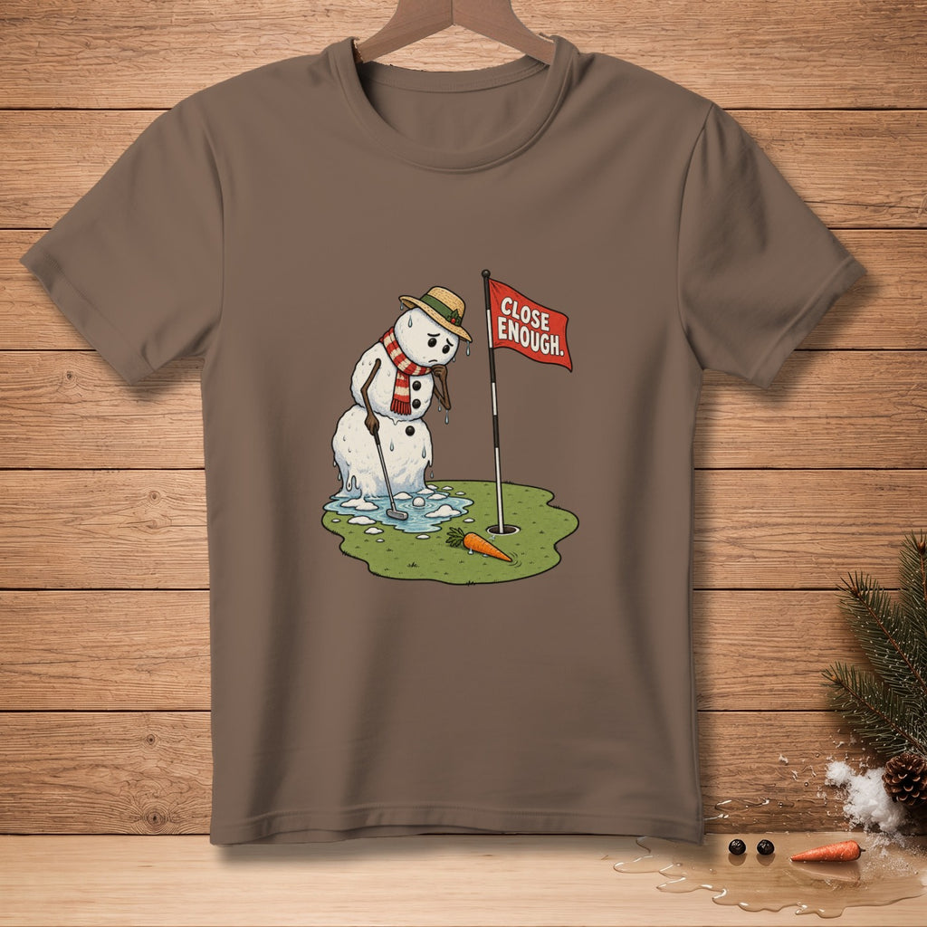 Melting snowman golfer with a golf club and a sign reading "Close Enough."